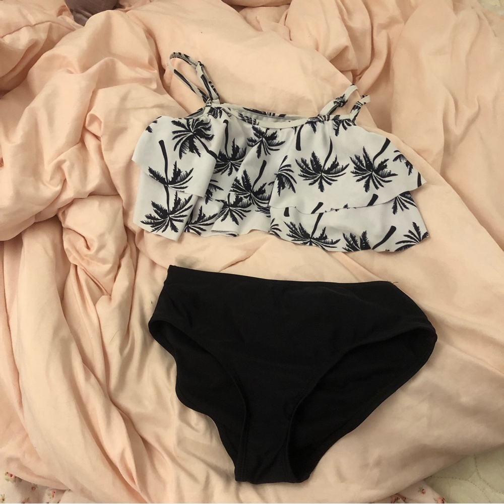 girls black and white tropical high waisted bikini swimsuit set